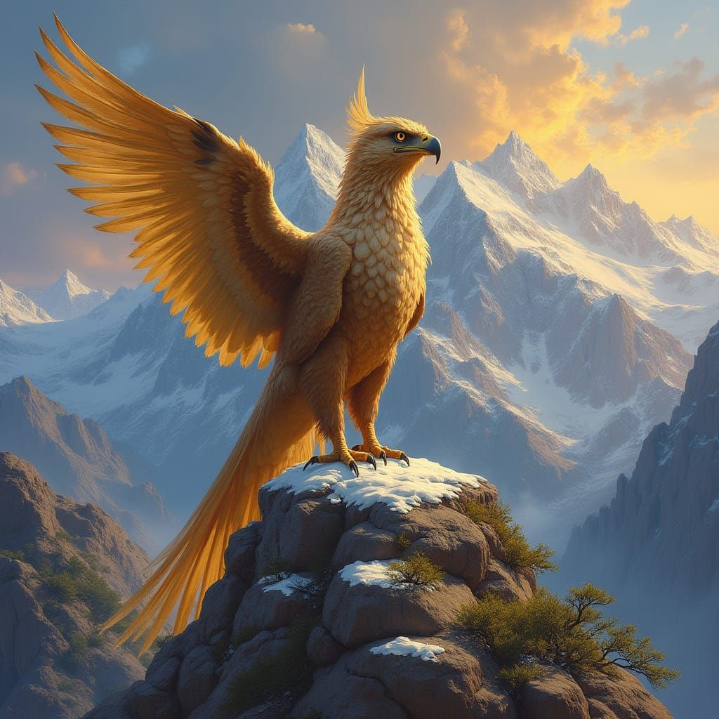 Majestic Griffin Ascends Snow-Capped Mountain in Golden Sunr...