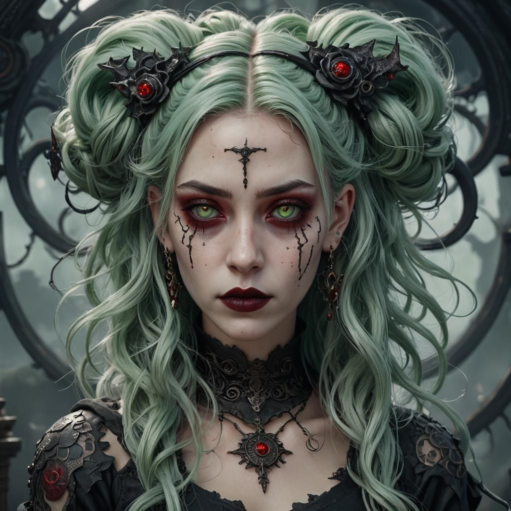 Gothic Woman with Green Hair in Space Buns