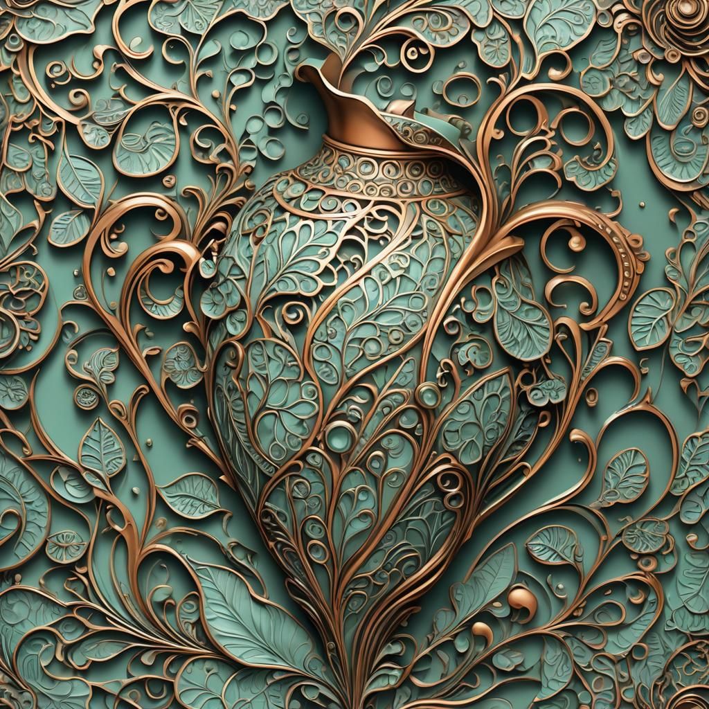 Abstract Bronze Vase with Mint Paint in Vector Art