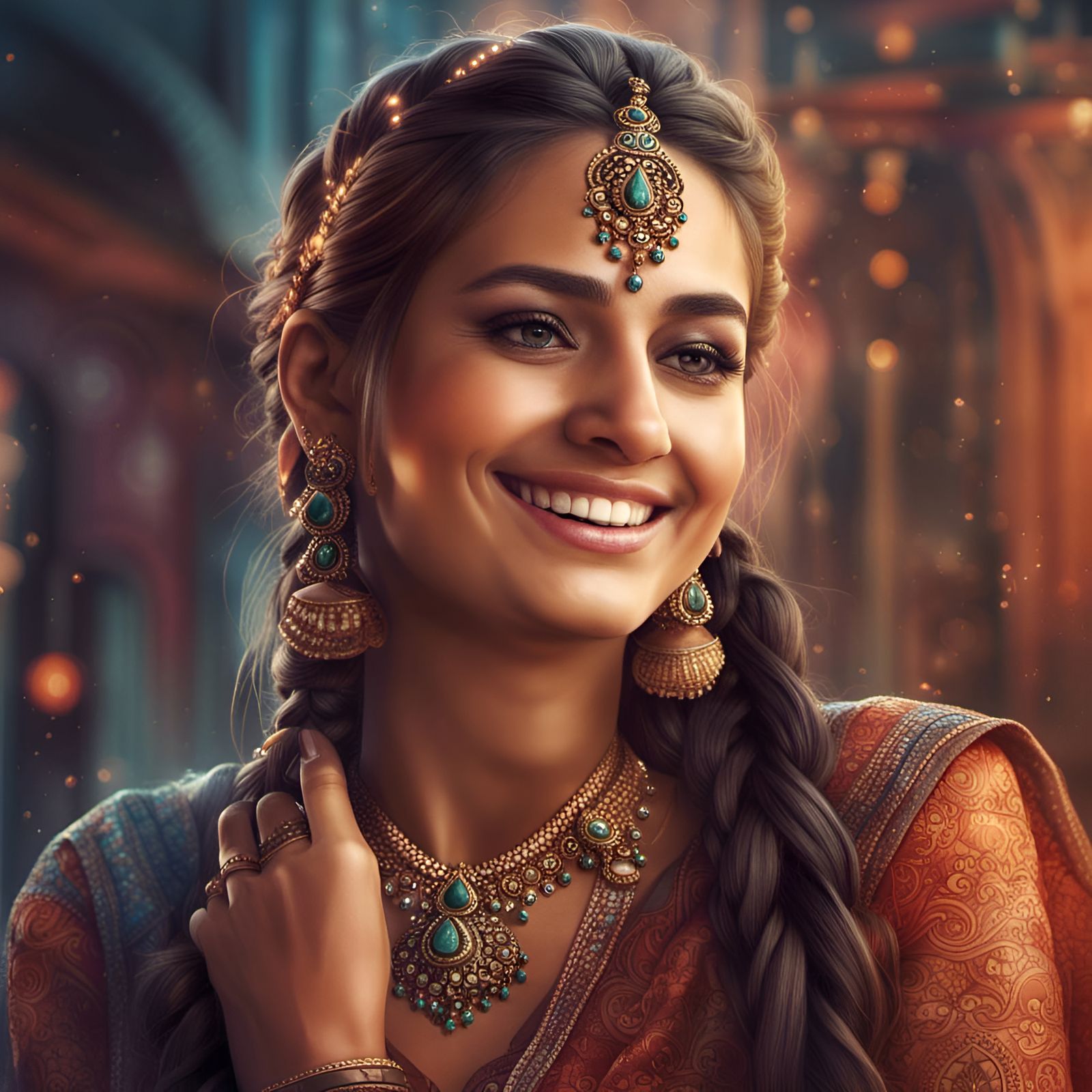 Smiling Indian Woman in Traditional Dress: Fantasy Art