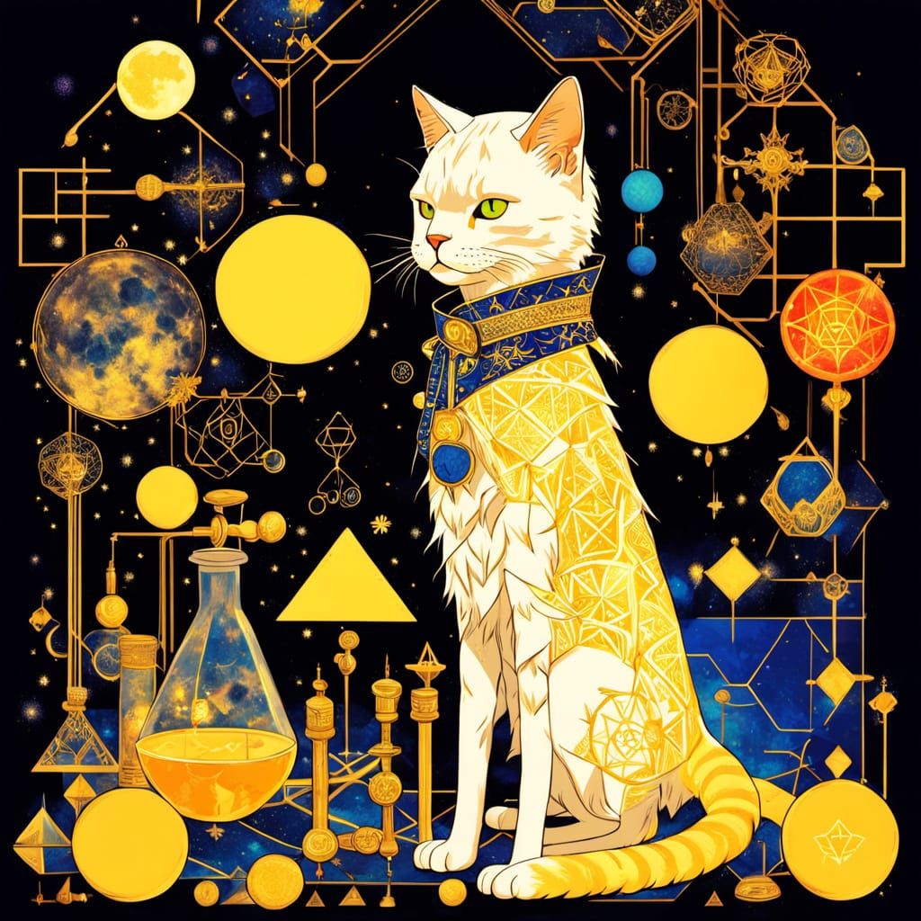 Mystical Cat Amidst Golden Geometric Patterns and Starry Nig...