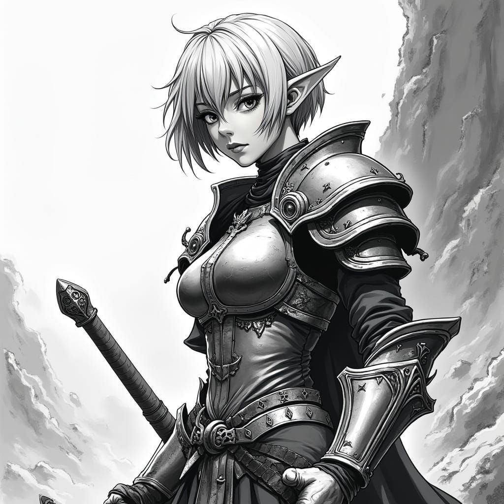 Anime Manga-Style Elf Cleric in Black and White