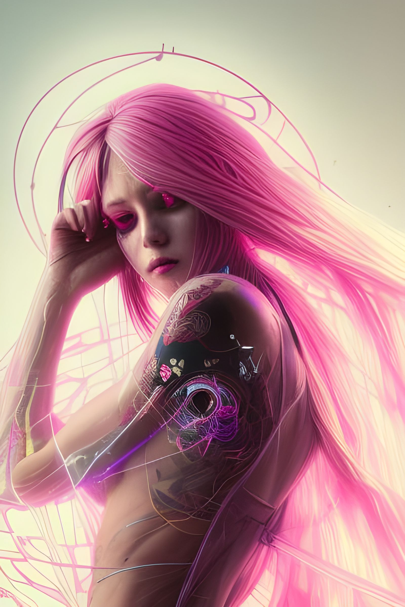 Cyberpunk Goddess with Pink Hair, Digital Art