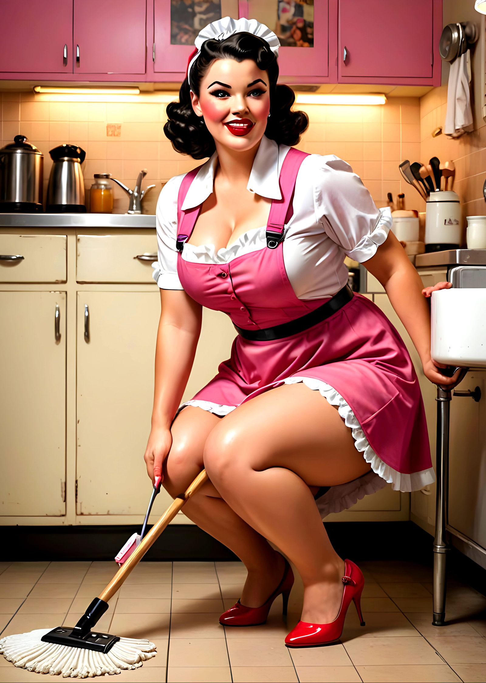 Plus-Size Maid in Classic Uniform Cleaning Spill