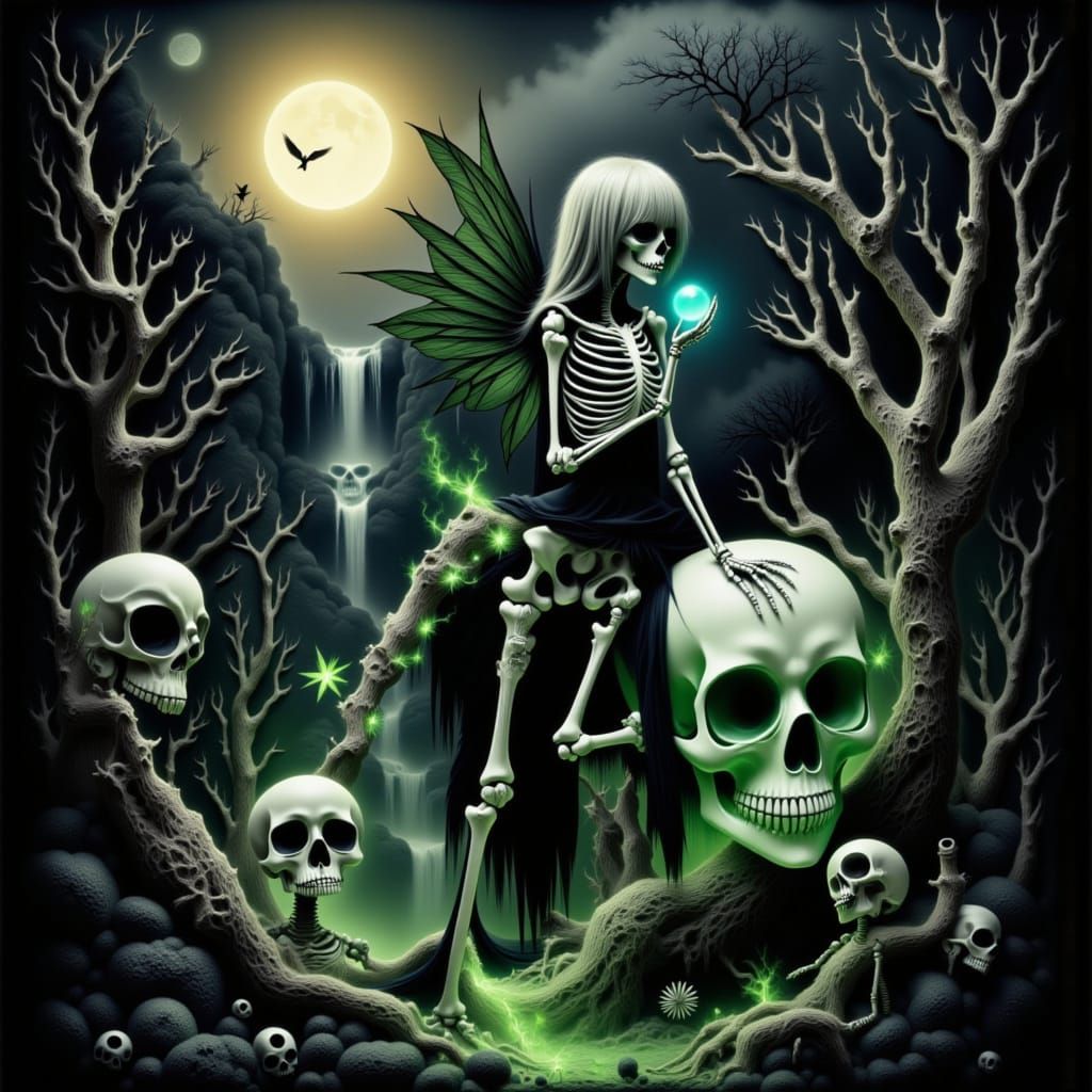 Skeletal Fairy With Glowing Orb on Sugar Skull