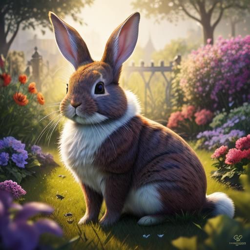 Colorful Rabbit in Garden: Hyperrealistic Splash Art