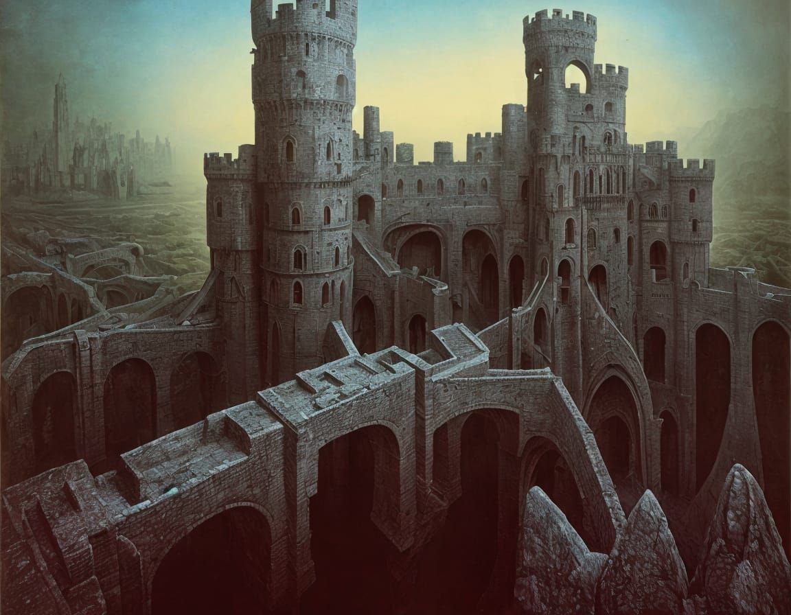 Surreal Castle Landscape in Dark, Intricate Style