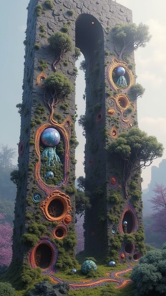 Fractal Landscape with Greeble Structures in Psychedelic Sty...