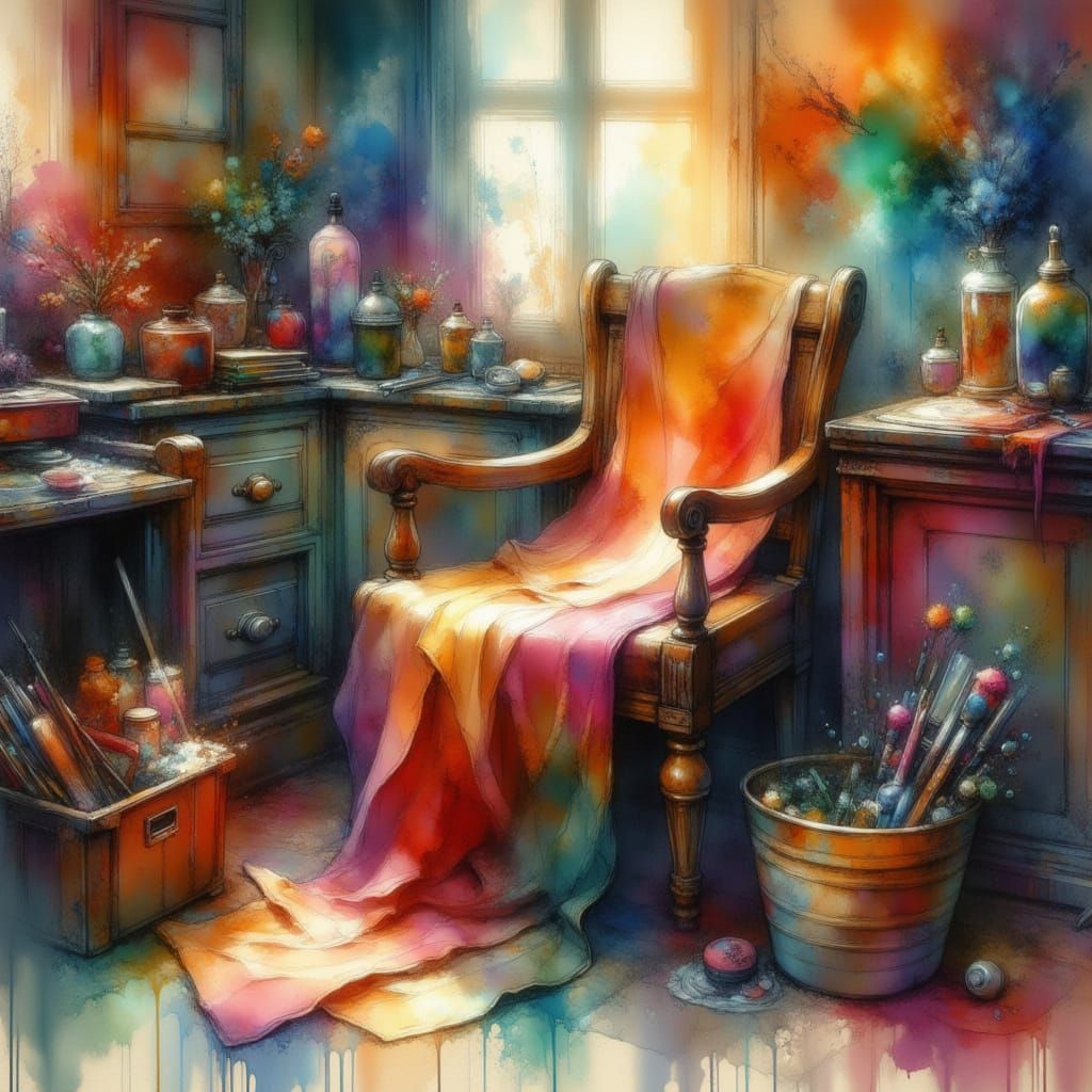 paint-stained brushes, rags, or an apron left on a chair near a workspace