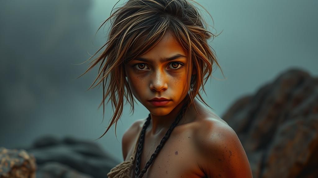 in a dark history: a neanderthal girl lin very short loincloth is looking from a hill over a her camp