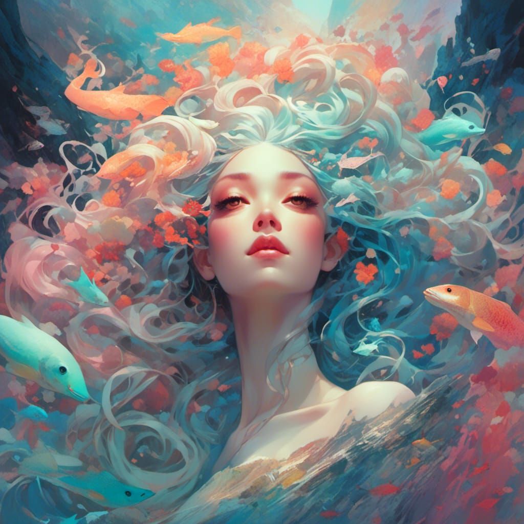Medusa Surrounded by Colorful Dreams in Pastel Colors
