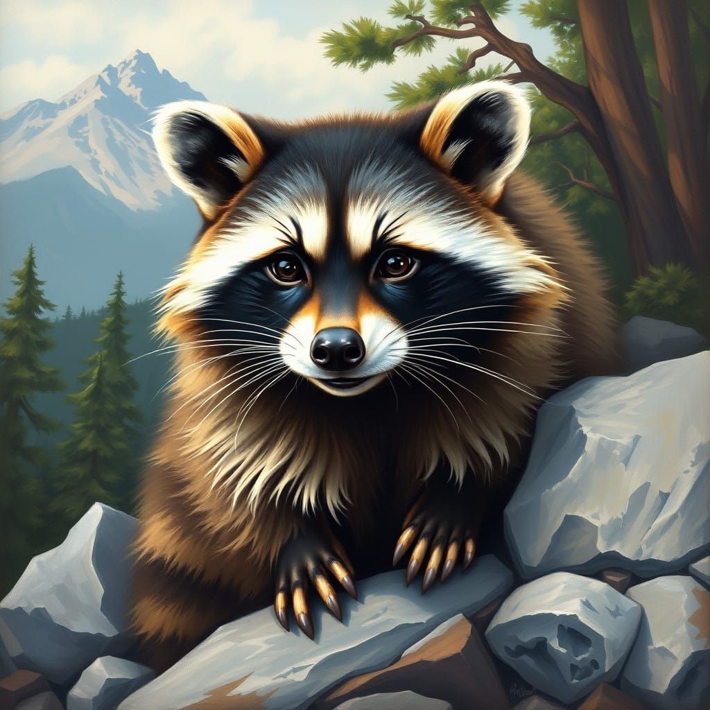 Realistic Wildlife Painting of a Mountain Raccoon