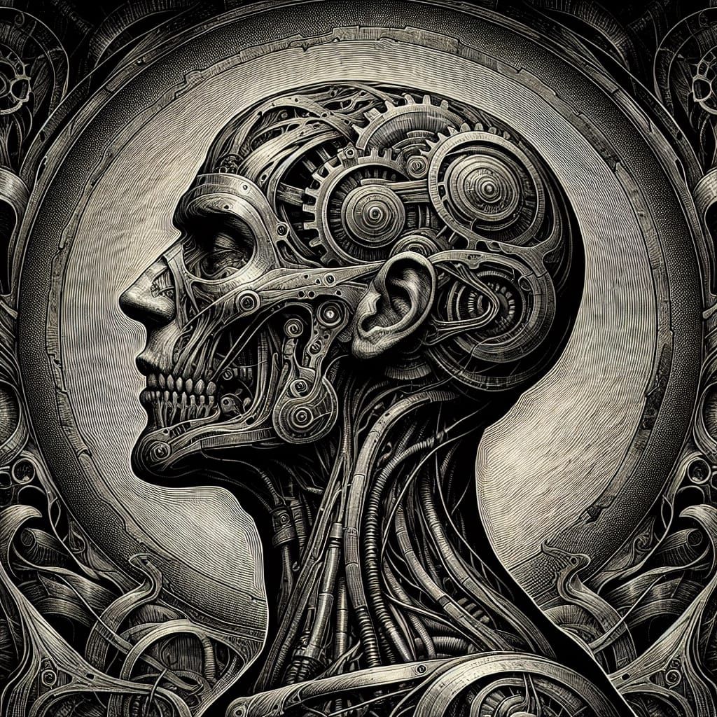 Nightmarish Man-Machine Hybrid in Gothic Art Style