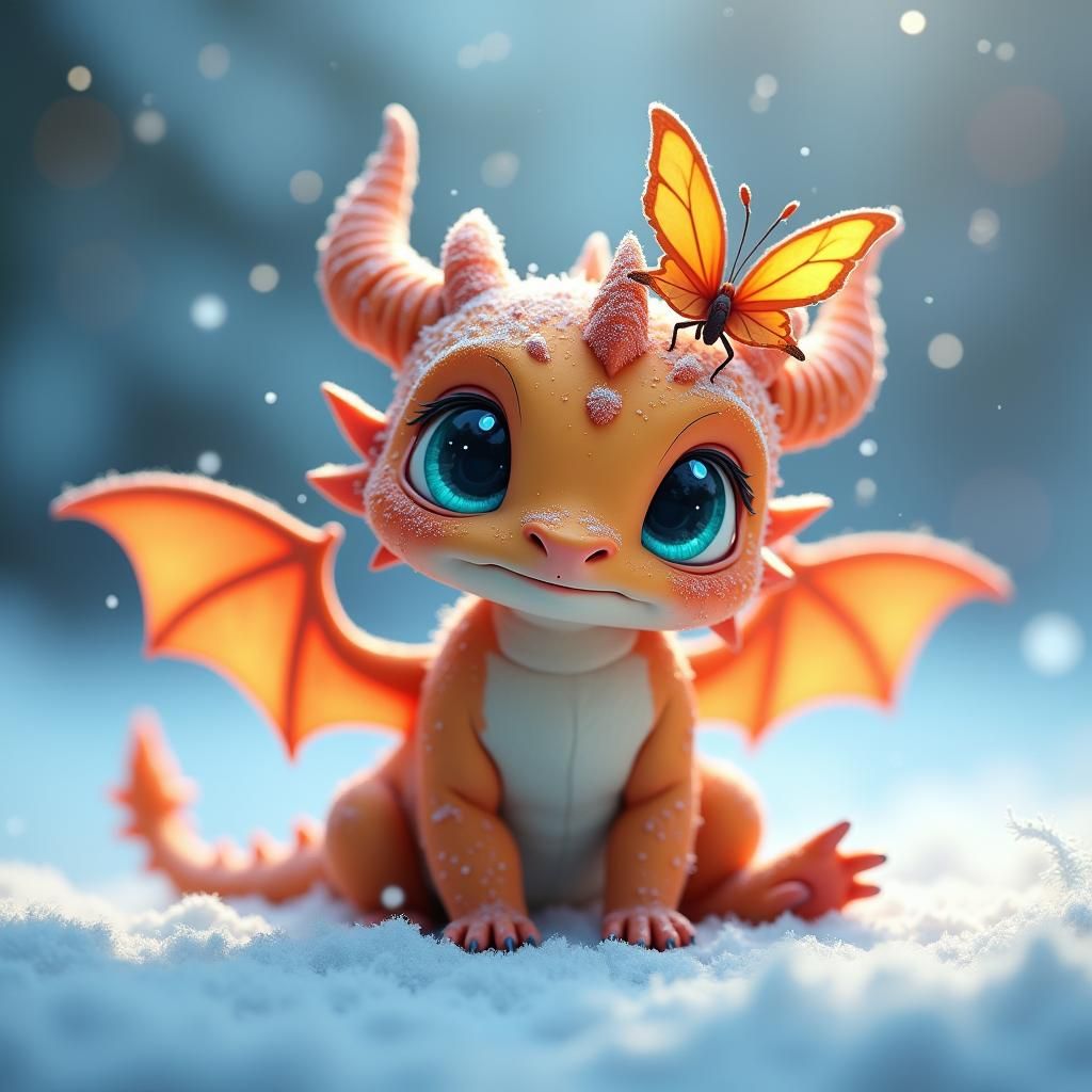 Adorable Fluffy Dragon with Butterfly in Winter Wonderland