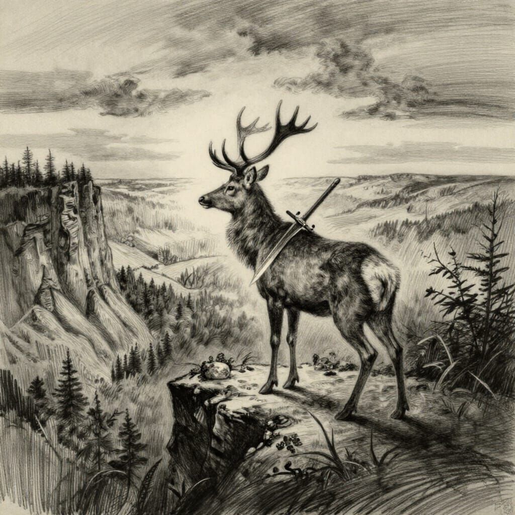Majestic Deerfox on Cliff at Twilight in Charcoal Drawing St...