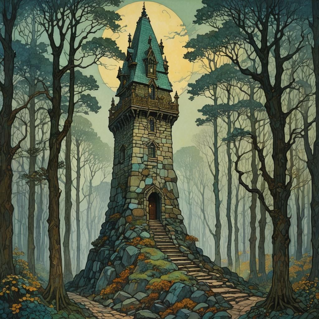 Enigmatic Stone Tower in Woods, Art Nouveau Style