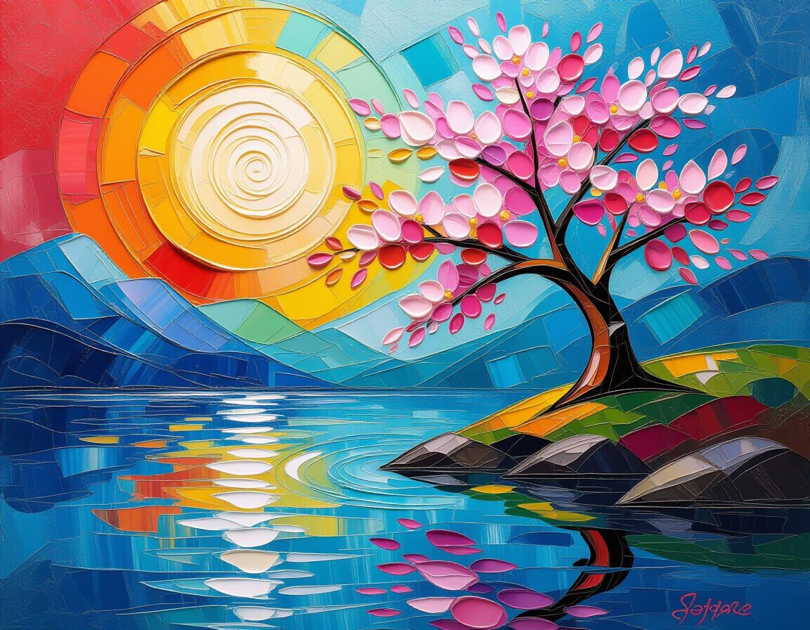 Dramatic Impasto Oil Painting of Sakura Blossoms