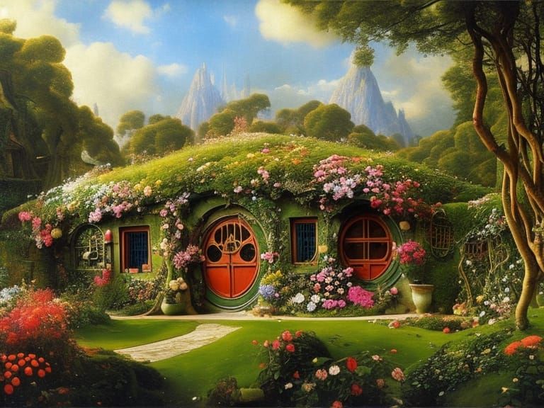 Hobbit House with Flowers in Social Realism Style