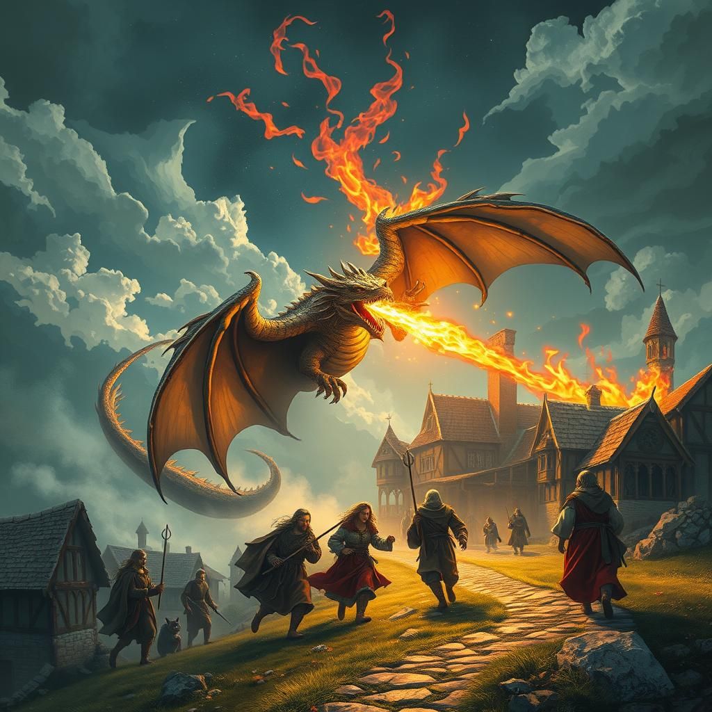 Medieval Village Dragon Attack in Astral Illustration