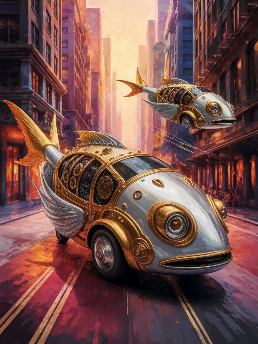 Fish Cars Flying Through Steampunk City