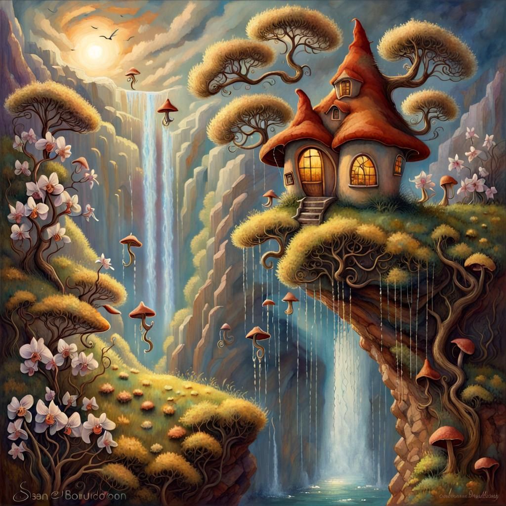 Quaint Gnome House With Birds and Waterfall
