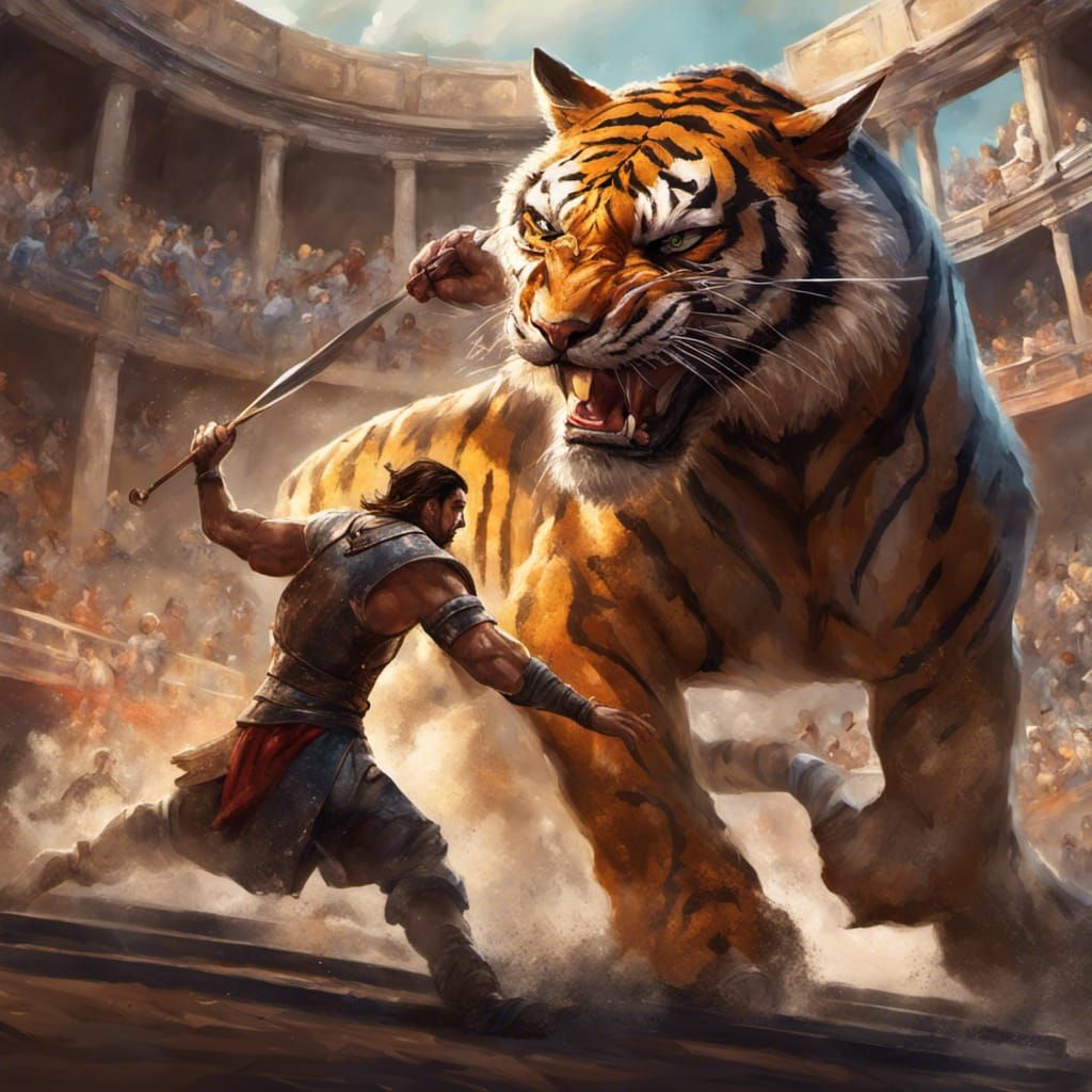 Medieval Olympian Faces Tiger in Coliseum: Hyperrealistic Ar...