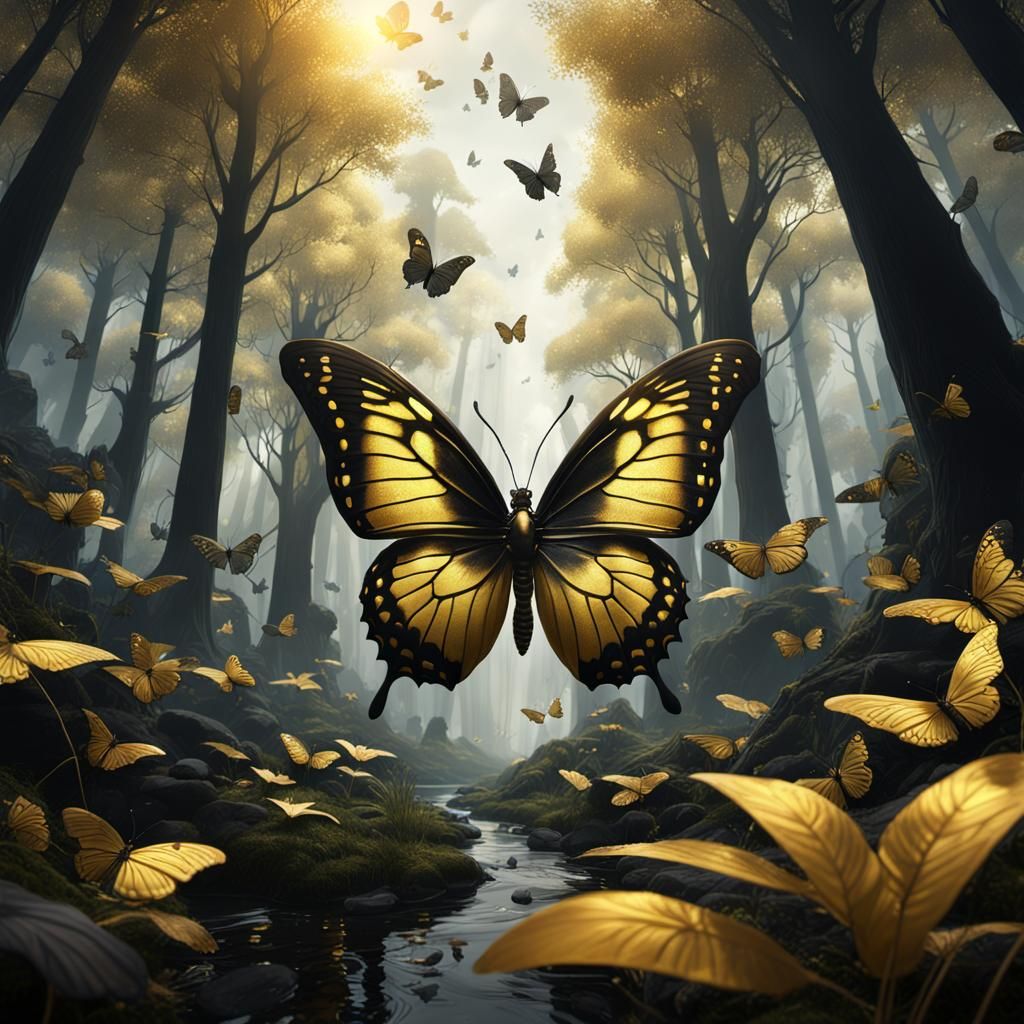 Fantastical Black and Gold Butterfly Forest