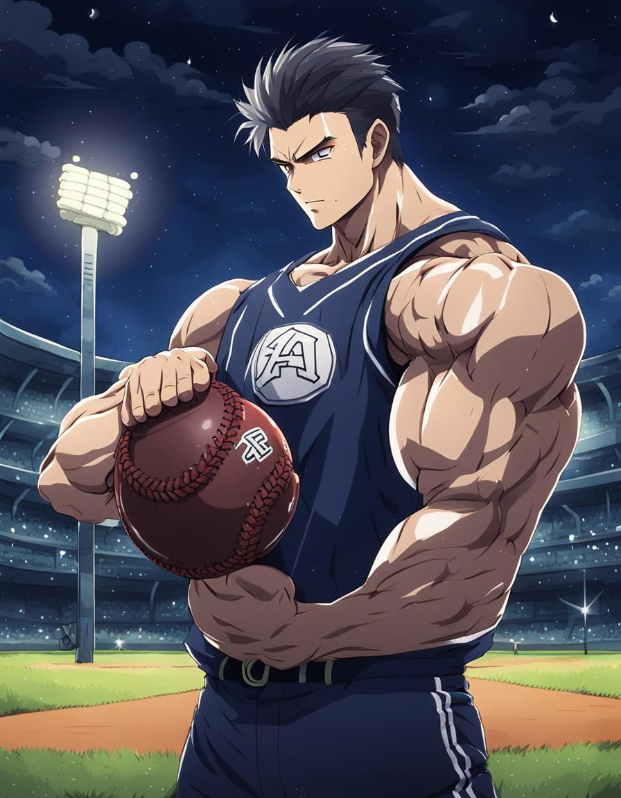 Anime Man on Baseball Field at Night