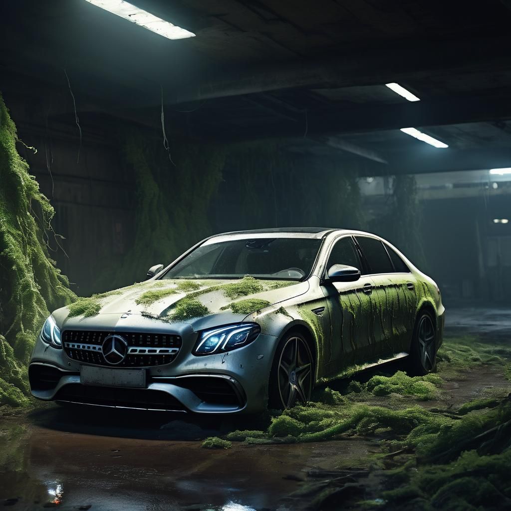 Abandoned Mercedes in Underground Garage: Cyberpunk Film Sti...