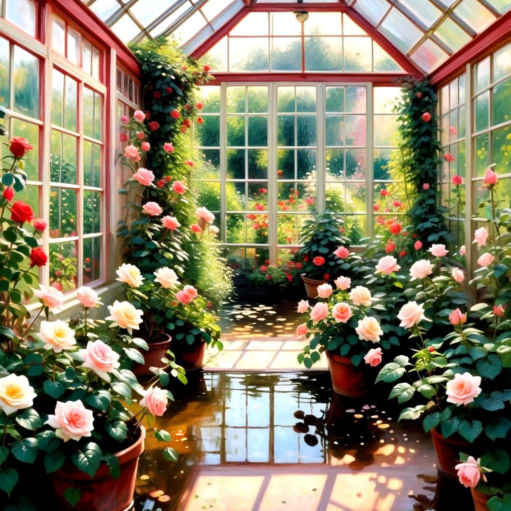 Greenhouse View of Rose Garden and Creek