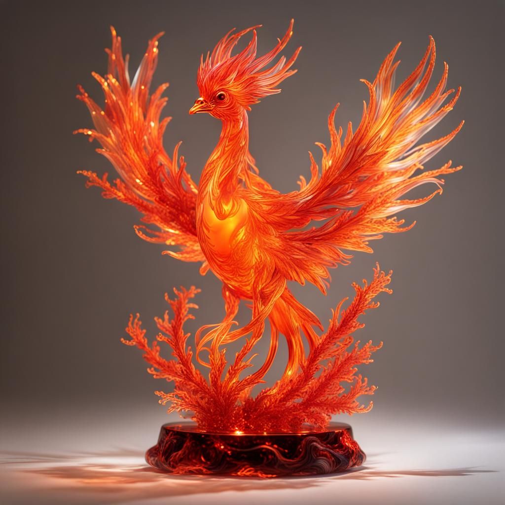 Crystal Phoenix Sculpture with Bioluminescent Flames