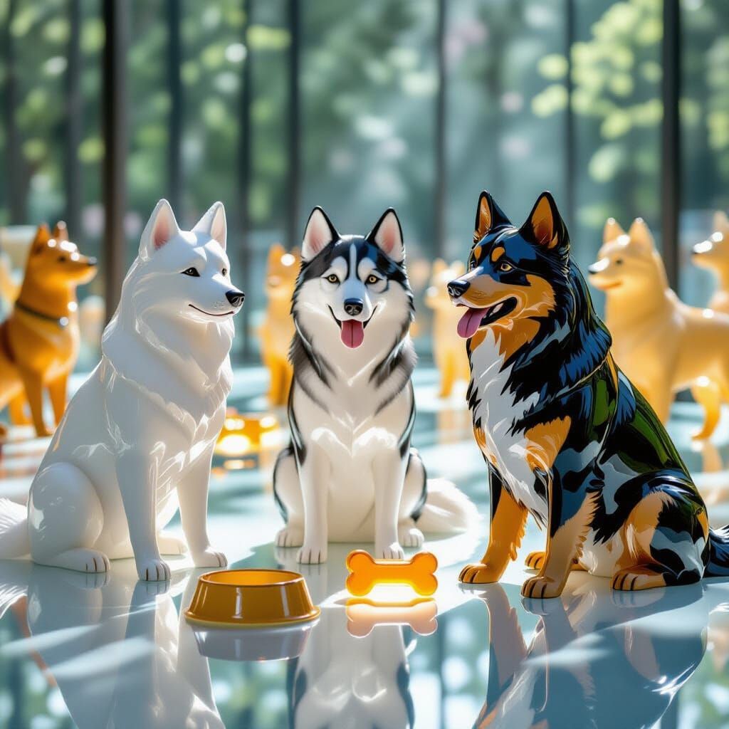 Glass Dog Park with Translucent Canine Sculptures