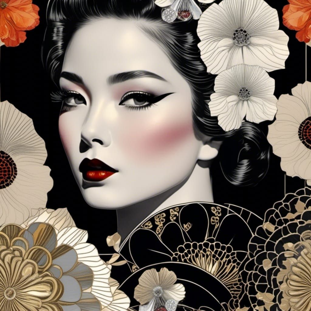 Geisha with Poppies in Bohemian Psychedelic Style