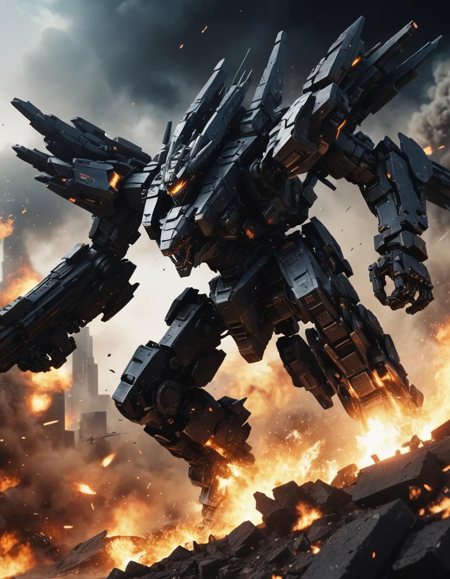 Armored Zoid Dragon Soaring Through Firestorm