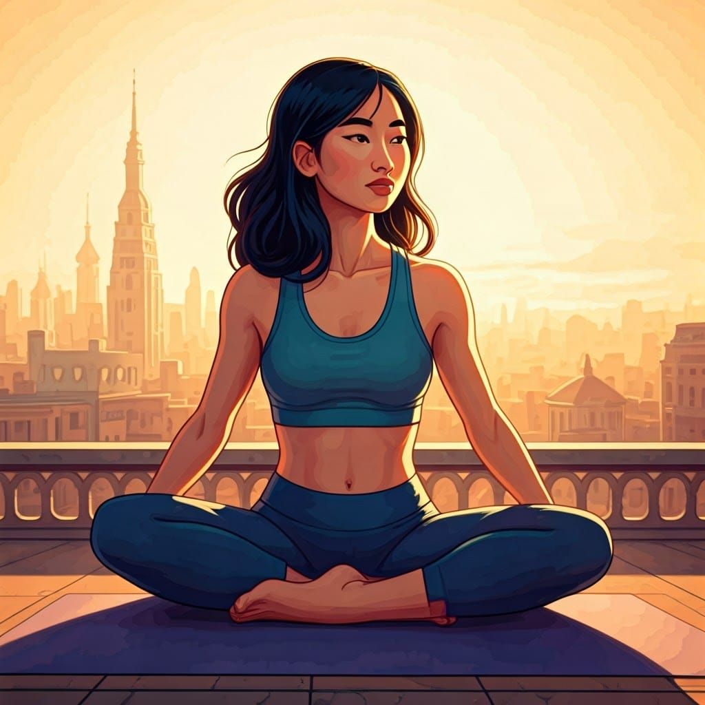 Mulan Practices Yoga at Sunrise: Watercolor Realism
