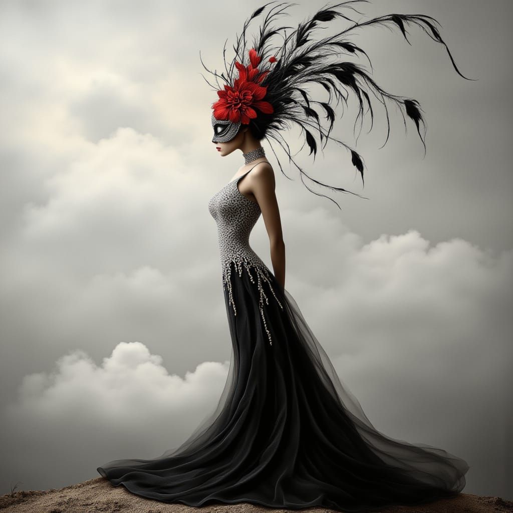 Woman in Red Mask with Cloudscape Background