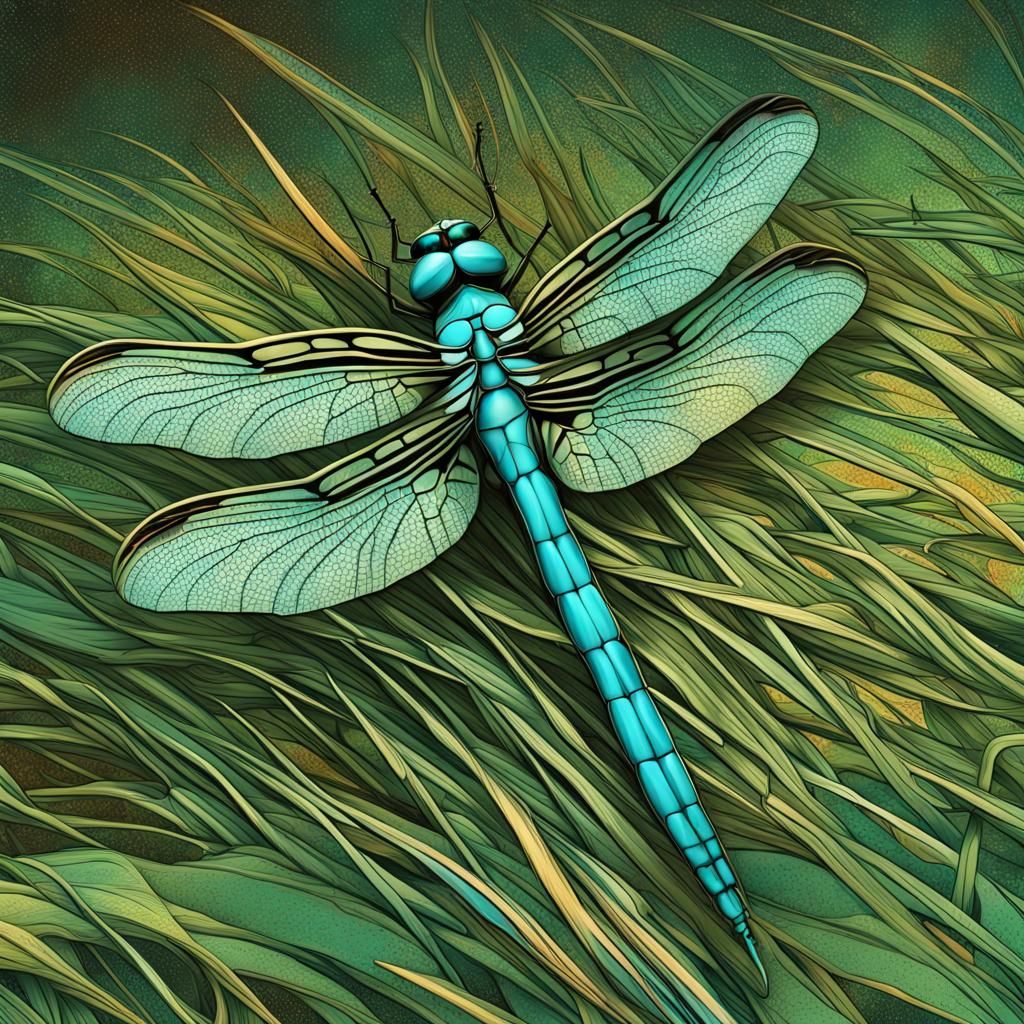 Turquoise Dragonfly in Grass: Hyperrealistic Splash Art