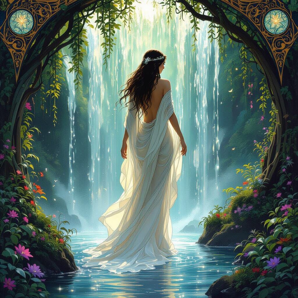 Ethereal Goddess in Enchanted Forest, Art Nouveau Style