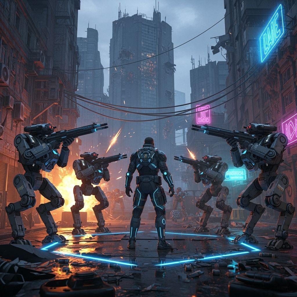 Cyberpunk Warrior Surrounded by Robots in Dystopian City
