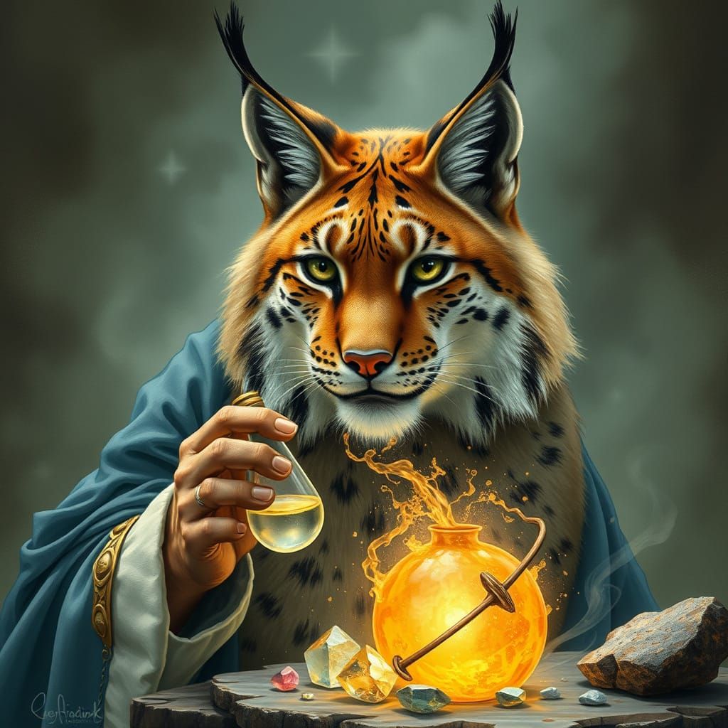 Alchemist with Lynx Creating Precious Stones