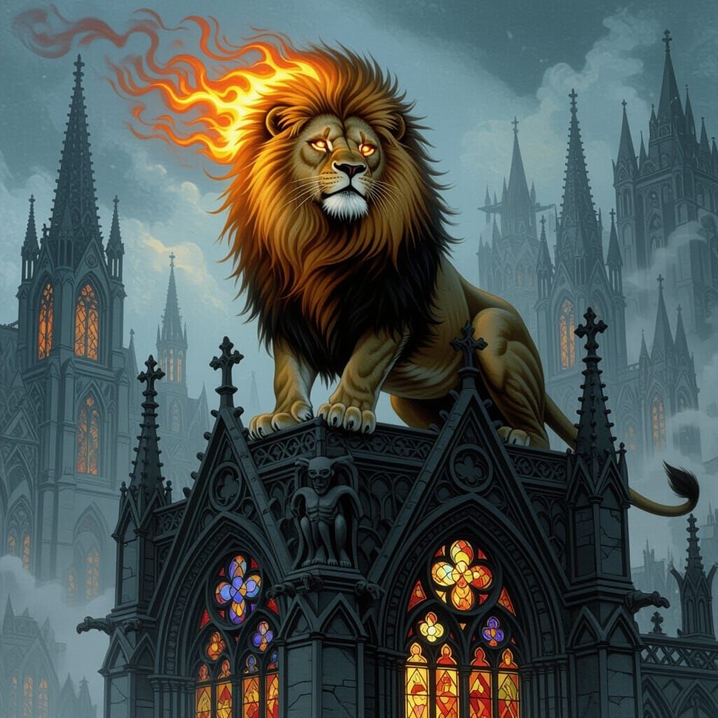 Lion with Fiery Mane Overlooking Gothic City