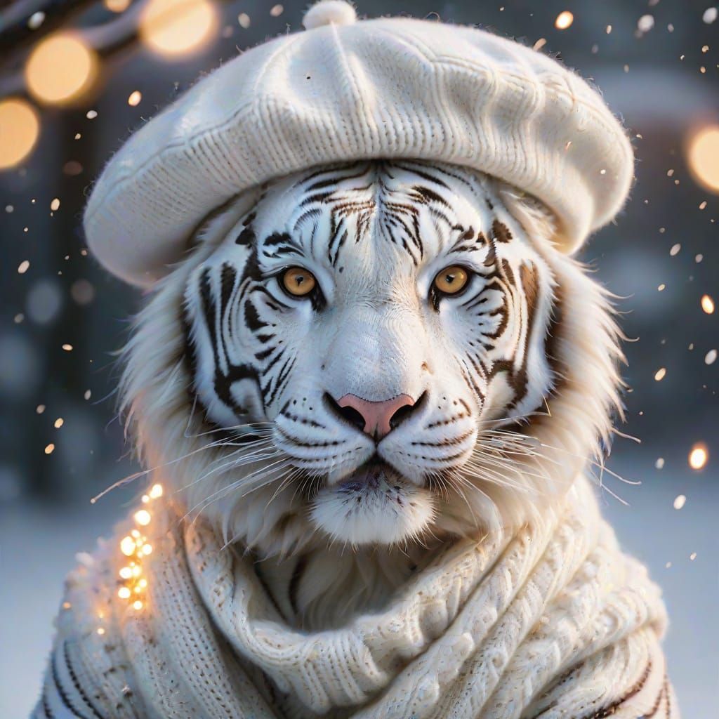 Albino Tiger Portrait with Beret in Snowy Scene