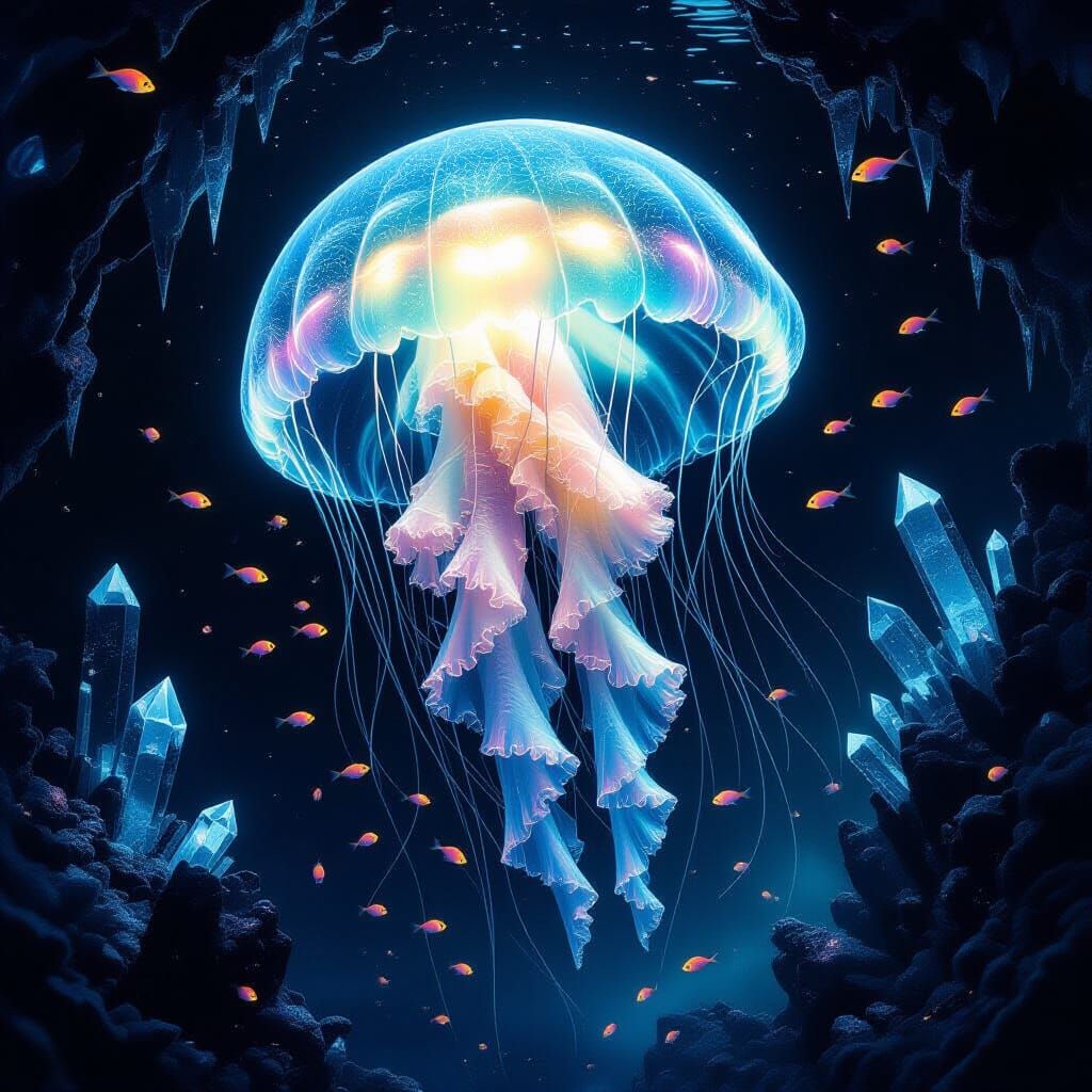 Bioluminescent Jellyfish in a Crystalline Cave, Fantasy Styl...