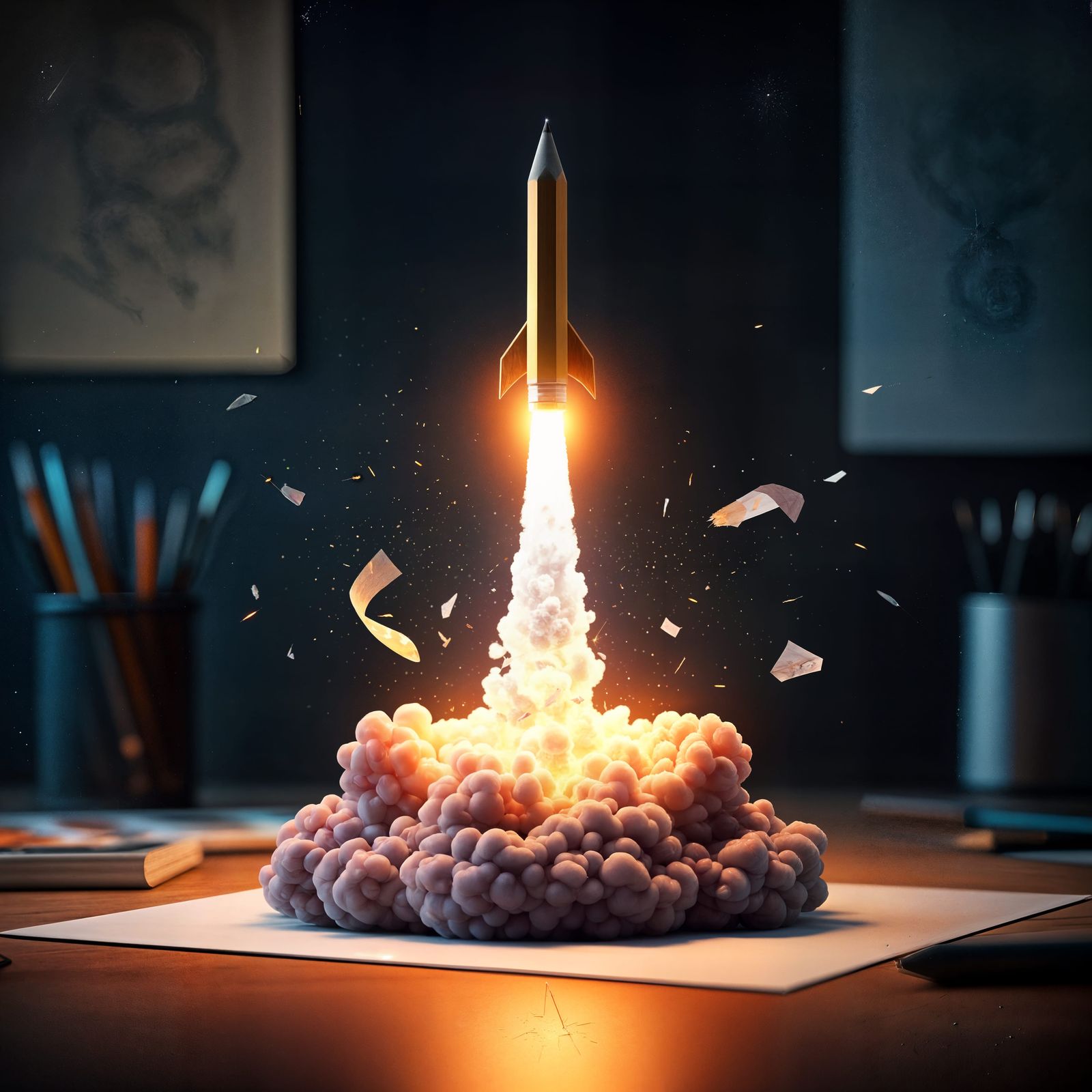 Pencil Transforms Into Rocket in Surreal Office Launch