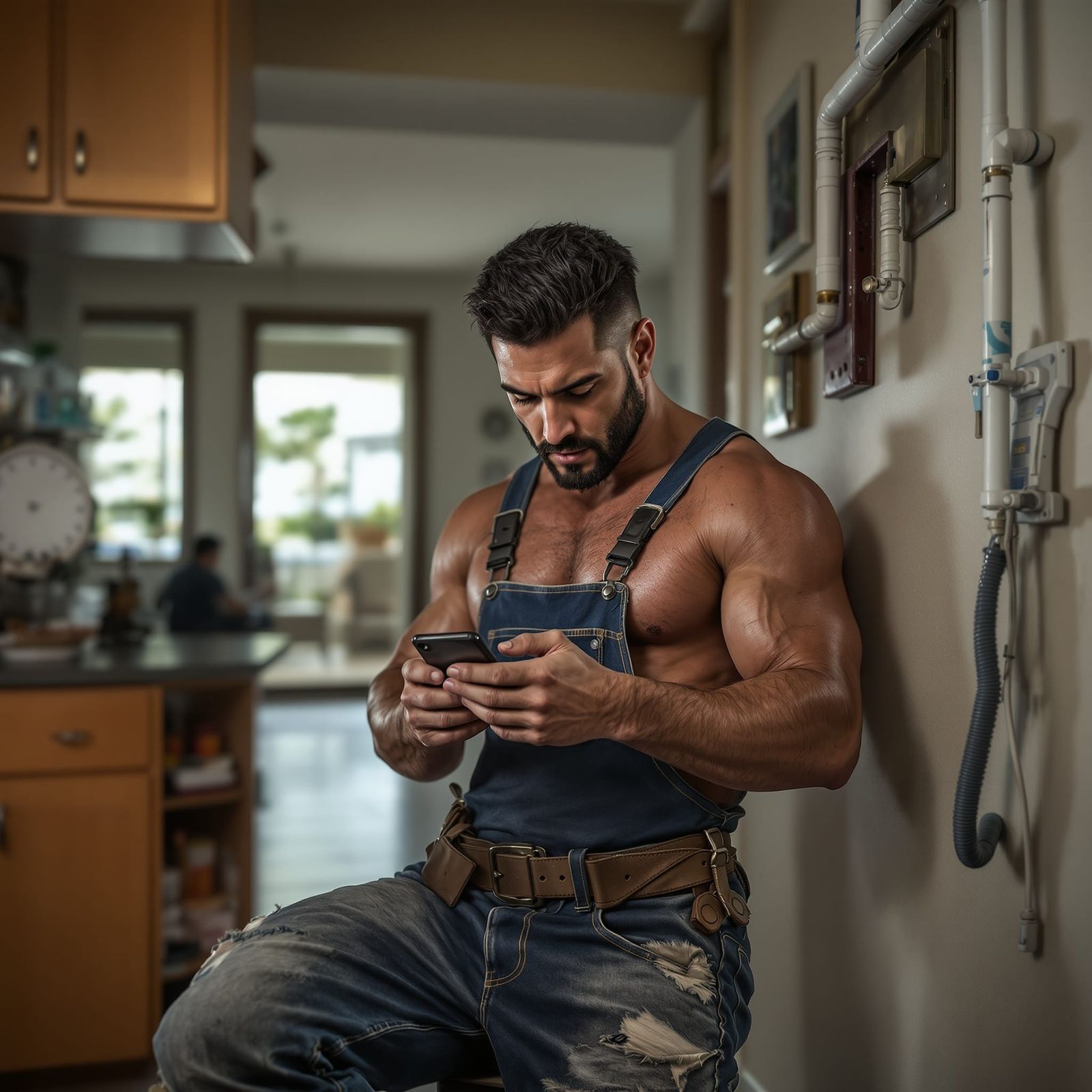 Hispanic Plumber Phone Break in Hyperrealistic Photo