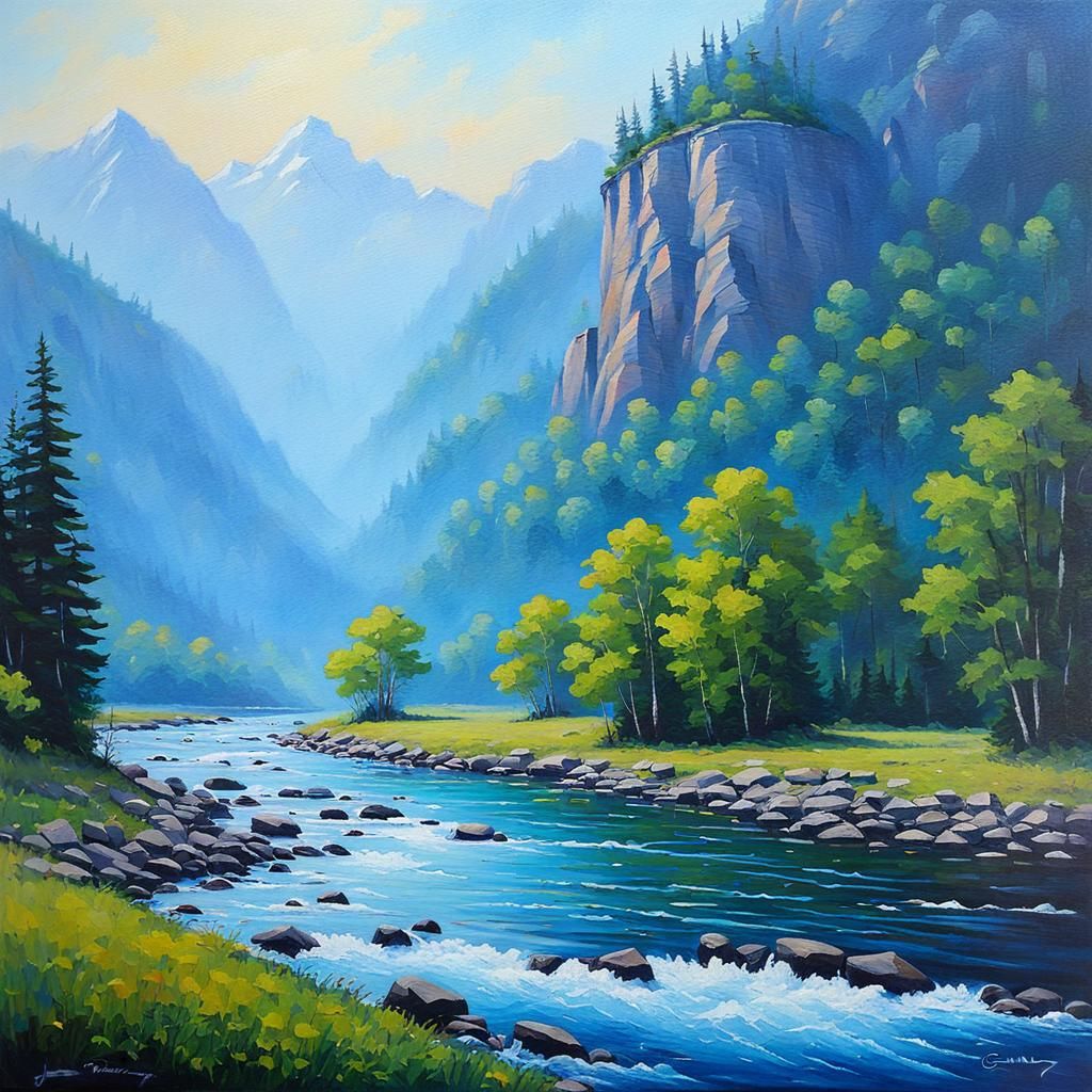 Misty Mountain River Landscape in Oil Painting Style