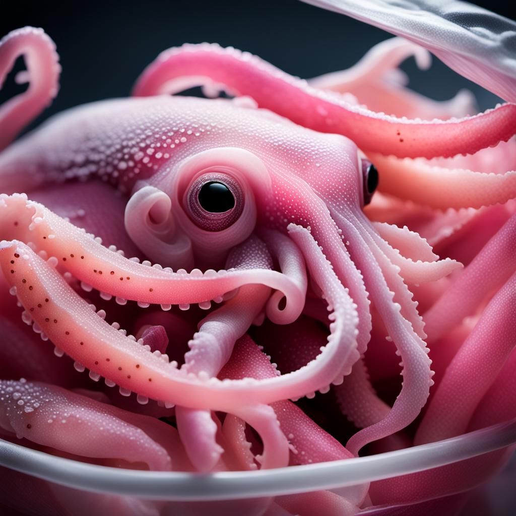 Pink Squid in Produce Bag: Hyper-Realistic Digital Art