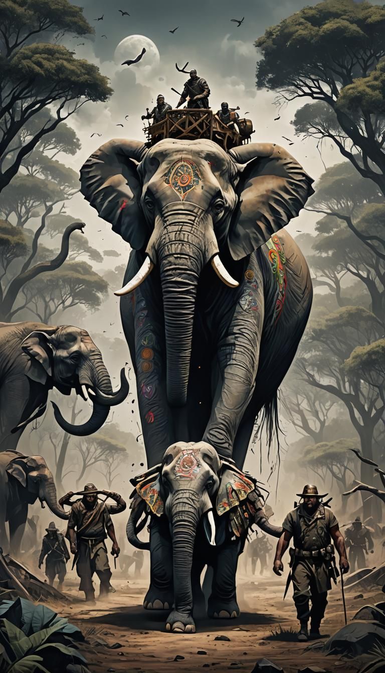 Elephant-Headed Warrior on Battlefield in Dark Fantasy Art