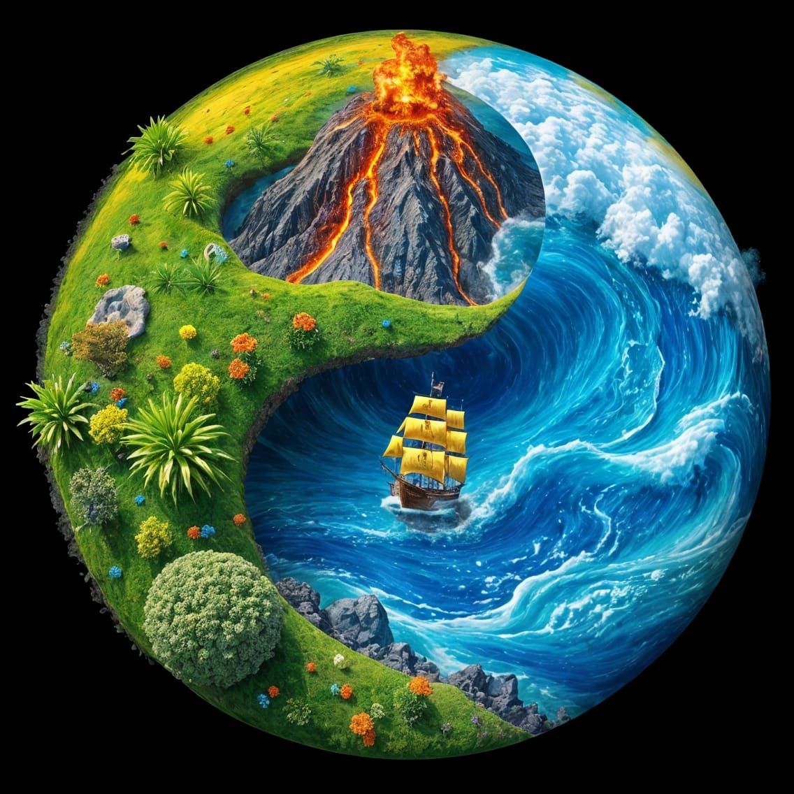 Yin-Yang of Nature: Landscape, Volcano, and Ocean