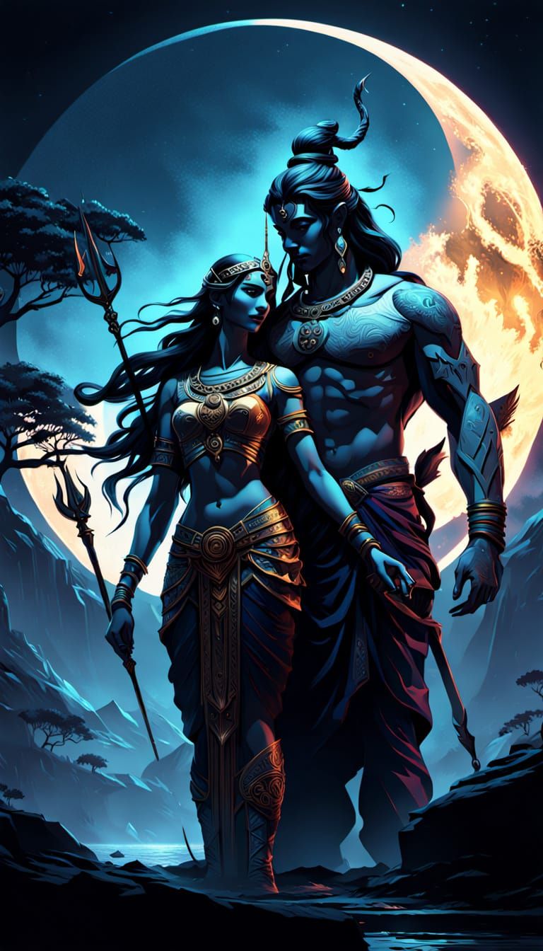 Shiva and Parvati's Divine Embrace: Cinematic Still